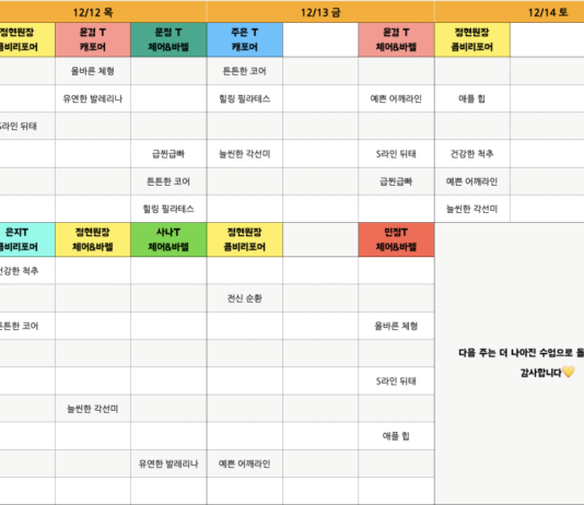 12월 둘째 주 필라테스 현 시간표